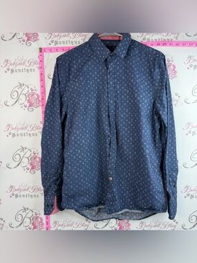 John Lennon button up long sleeve blue Men's Navy Blue Printed Button-Up Shirt